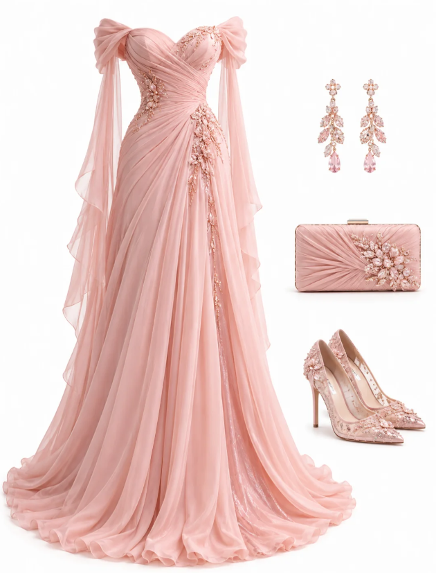 Gorgeous Off-shoulder Sheath Chiffon Evening Dress Pink Prom Dress  ED11581