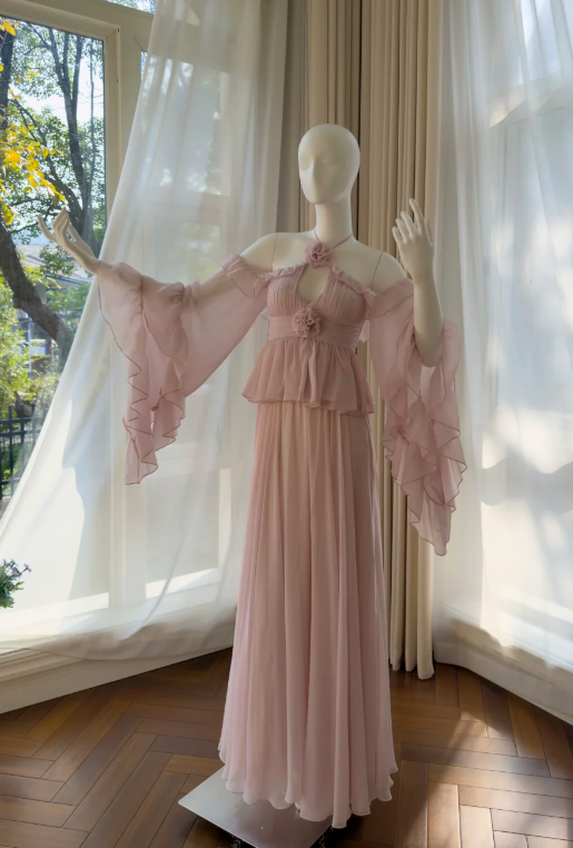 Gorgeous Sheath Long Chiffon Evening Dress Pink Prom Dress ED11583