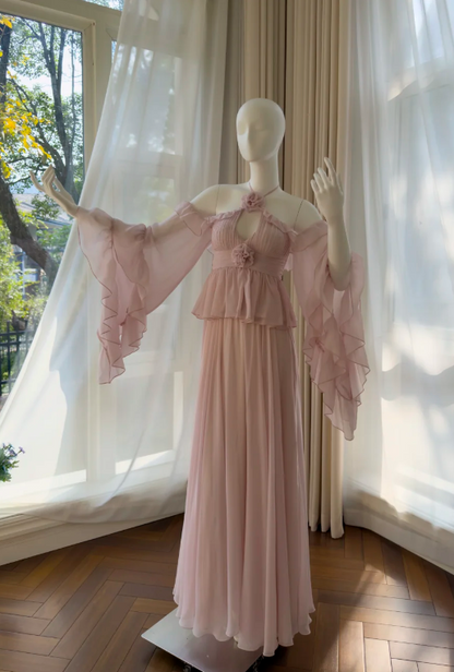 Gorgeous Sheath Long Chiffon Evening Dress Pink Prom Dress ED11583
