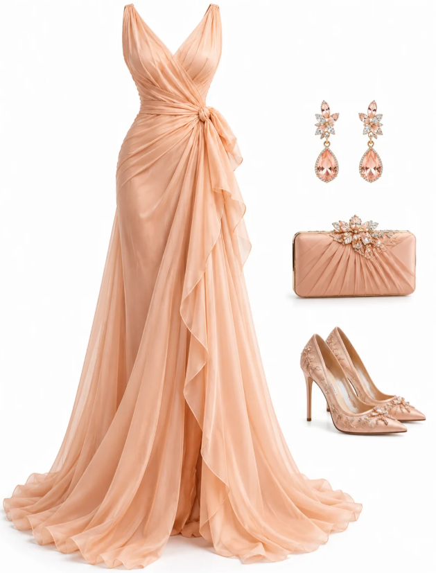 Gorgeous V-neck Sheath Chiffon Long  Evening Dress Light Orange Prom Dress ED11590