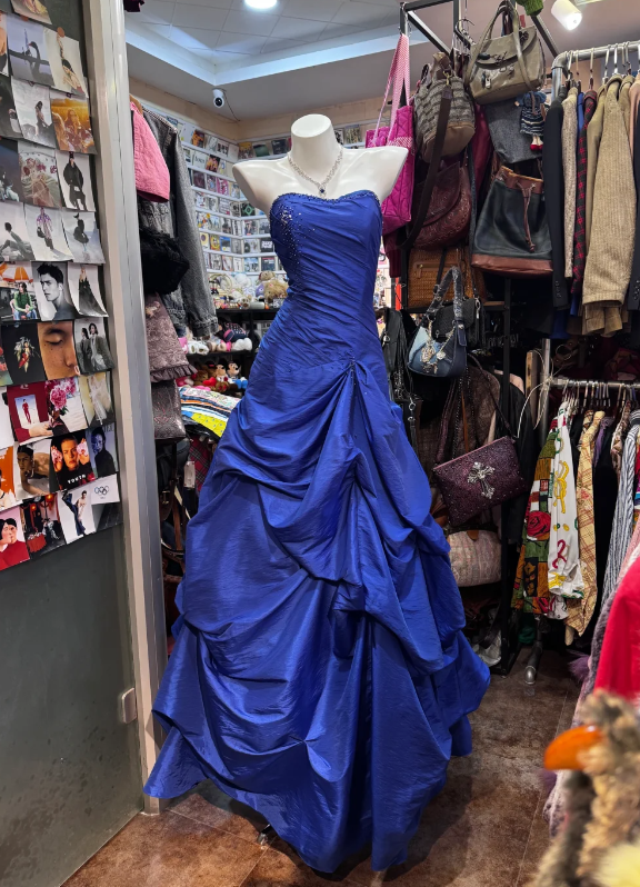 Gorgeous Strapless A-Line Satin Long  Evening Dress Blue Prom Dress ED11592