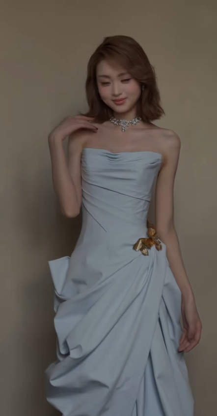 Gorgeous Strapless Sheath Satin Long Evening Dress Blue Prom Dress ED11593