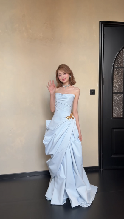 Gorgeous Strapless Sheath Satin Long Evening Dress Blue Prom Dress ED11593