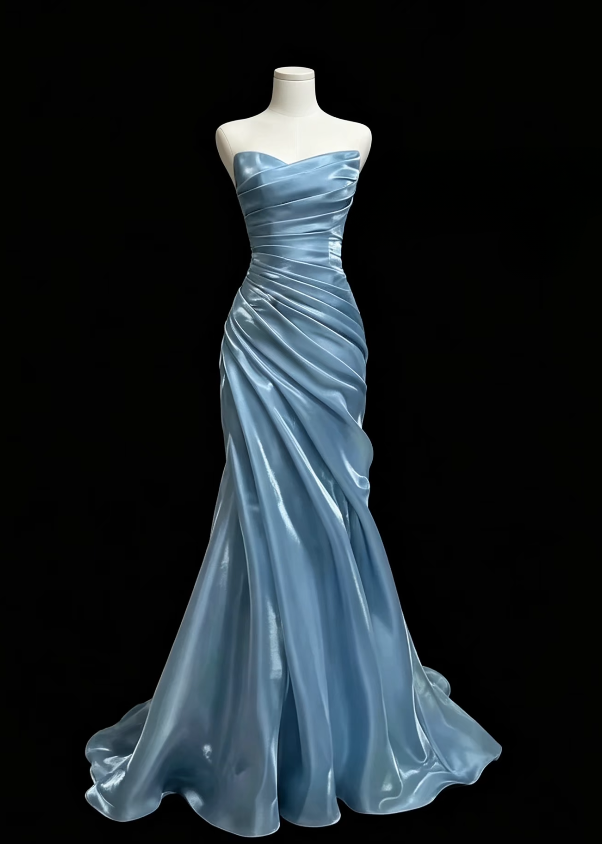 Gorgeous Strapless Sheath Satin Long Evening Dress Blue Prom Dress  ED11594