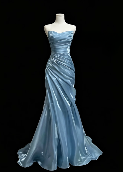 Gorgeous Strapless Sheath Satin Long Evening Dress Blue Prom Dress  ED11594