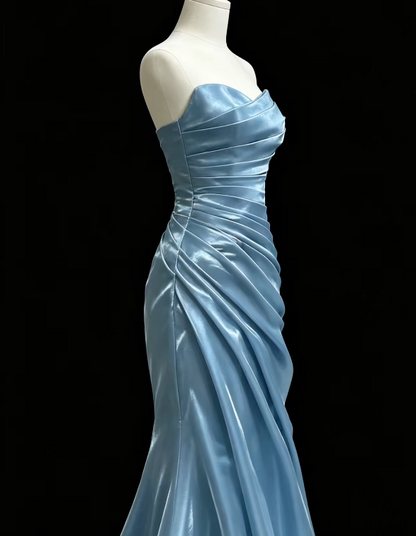 Gorgeous Strapless Sheath Satin Long Evening Dress Blue Prom Dress  ED11594