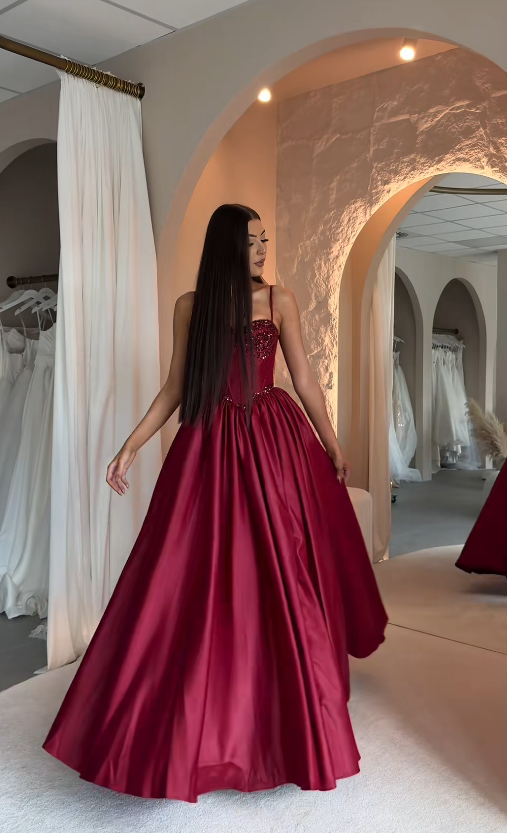 Gorgeous Spaghetti Straps Birthday Dress A-Line Satin Long Evening Dress Red Prom Dress ED11596