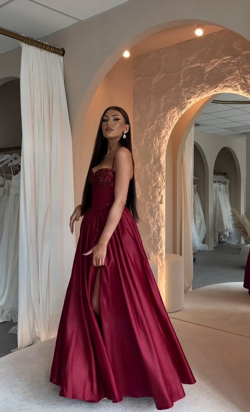 Gorgeous Spaghetti Straps Birthday Dress A-Line Satin Long Evening Dress Red Prom Dress ED11596