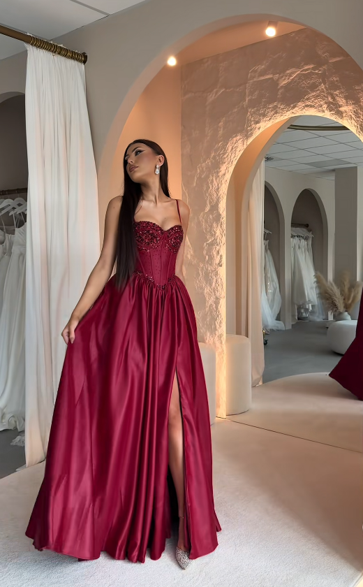 Gorgeous Spaghetti Straps Birthday Dress A-Line Satin Long Evening Dress Red Prom Dress ED11596