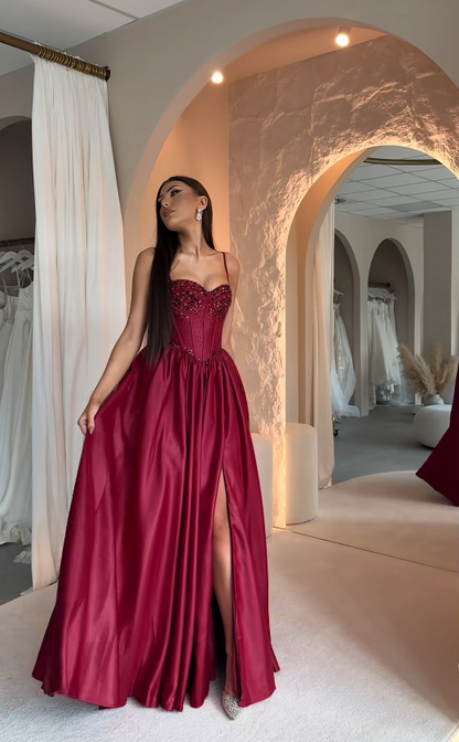 Gorgeous Spaghetti Straps Birthday Dress A-Line Satin Long Evening Dress Red Prom Dress ED11596