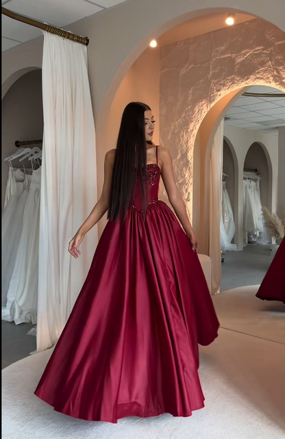 Gorgeous Spaghetti Straps Birthday Dress A-Line Satin Long Evening Dress Red Prom Dress ED11596