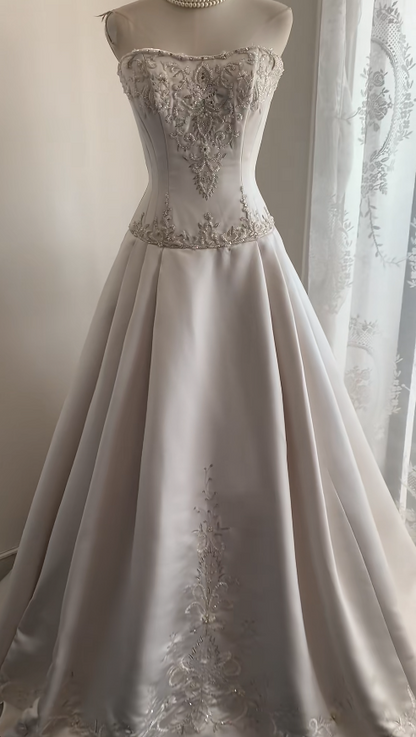 Chic Strapless White Bridal Gown A-Line Satin Wedding Dress ED11598