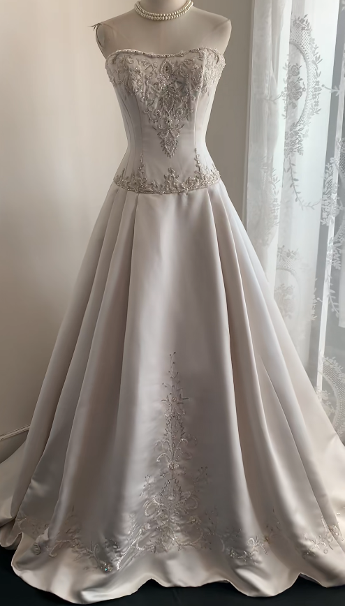 Chic Strapless White Bridal Gown A-Line Satin Wedding Dress ED11598