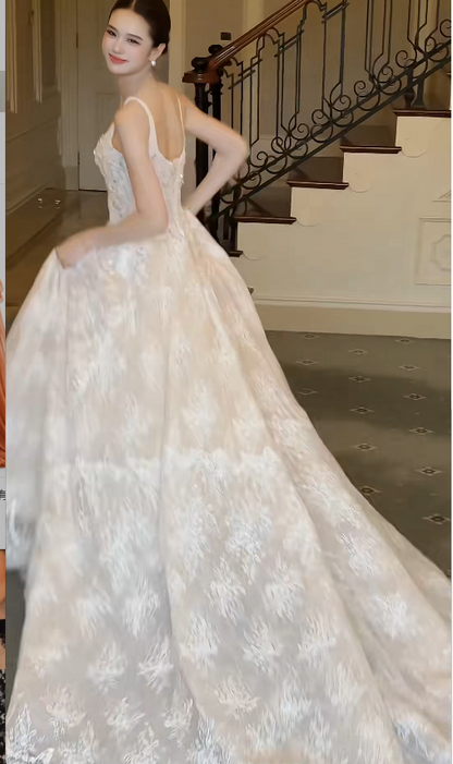 Chic Straps White Beaded Bridal Gown A-Line Lace Wedding Dress ED11601