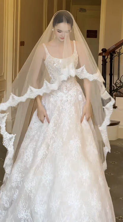 Chic Straps White Beaded Bridal Gown A-Line Lace Wedding Dress ED11601