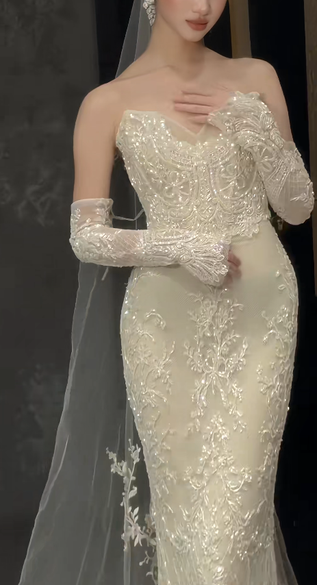 Chic Sweetheart White Bridal Gown Sheath Tulle Beaded Wedding Dress ED11603