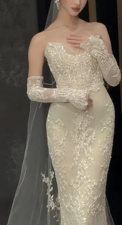 Chic Sweetheart White Bridal Gown Sheath Tulle Beaded Wedding Dress ED11603