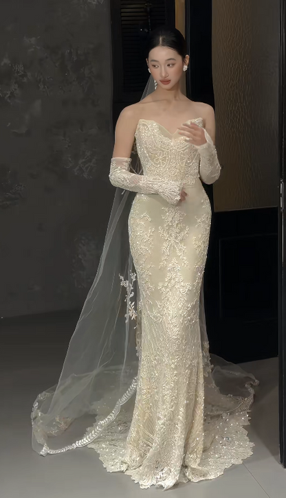 Chic Sweetheart White Bridal Gown Sheath Tulle Beaded Wedding Dress ED11603