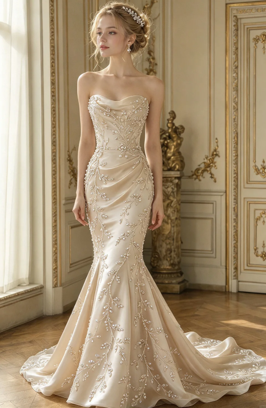 Chic Sweetheart Light Champagne Bridal Gown Mermaid Satin Beaded Wedding Dress ED11604