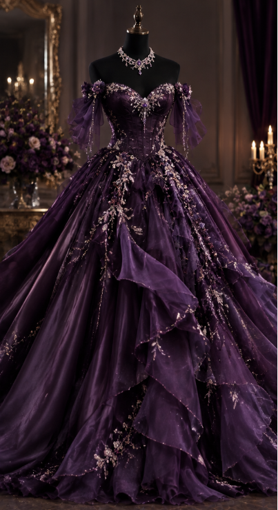 Fairy Off-shoulder A-Line Organze Long Evening Dress Deep Purple Prom Dress ED11607