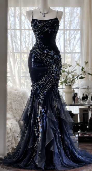 Fairy Straps Mermaid Chiffon Beaded Long Evening Dress Navy Blue Prom Dress ED11608