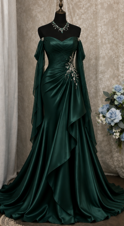 Fairy Off-shoulder Sheath Satin Long Evening Dress Dark Green Prom Dress ED11609