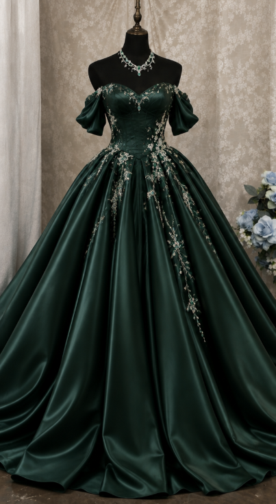 Fairy Off-shoulder A-Line Satin Long Evening Dress Dark Green Prom Dress ED11610