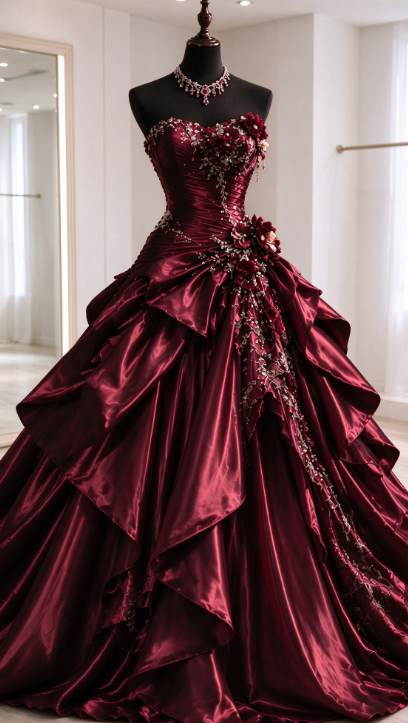 Fairy Strapless A-Line Satin Long Evening Dress Burgundy Prom Dress ED11612