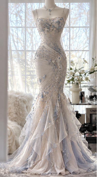 Fairy Spaghetti Straps Mermaid Tulle Long Evening Dress Beaded White Prom Dress ED11614