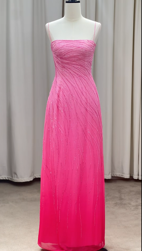 Vintage Pink Beaded Prom Dress Sheath Chiffon Long Evening Dress ED11617