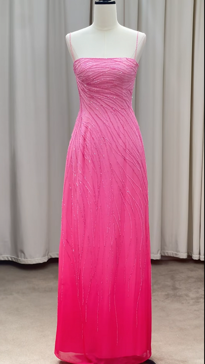 Vintage Pink Beaded Prom Dress Sheath Chiffon Long Evening Dress ED11617