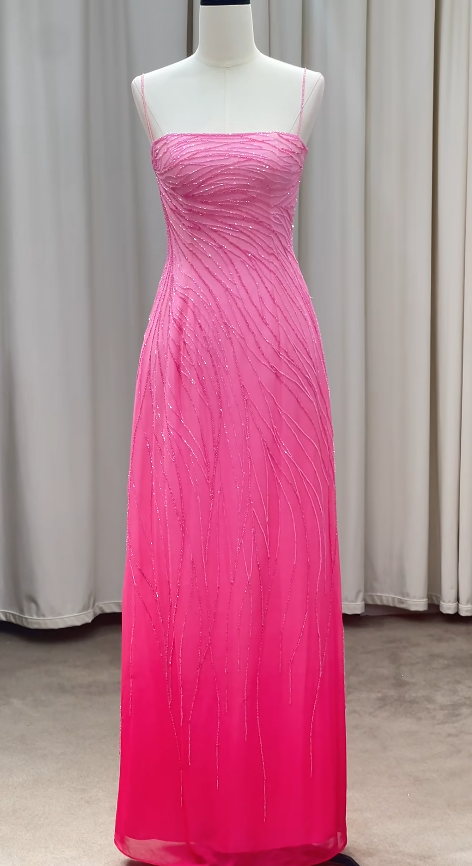 Vintage Pink Beaded Prom Dress Sheath Chiffon Long Evening Dress ED11617