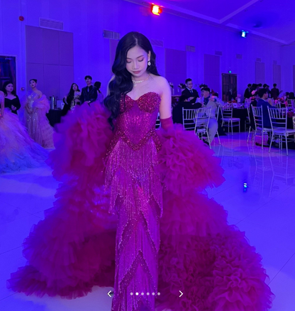 Gorgeous Hot Pink Prom Dress Sheath Beaded Tassel Long Evening Dress ED11625