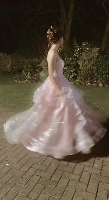 Robe de bal rose magnifique, robe de soirée longue en tulle à paillettes coupe trapèze ED11626