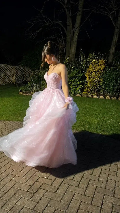 Robe de bal rose magnifique, robe de soirée longue en tulle à paillettes coupe trapèze ED11626