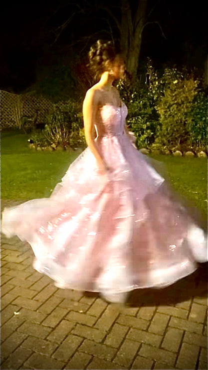 Robe de bal rose magnifique, robe de soirée longue en tulle à paillettes coupe trapèze ED11626