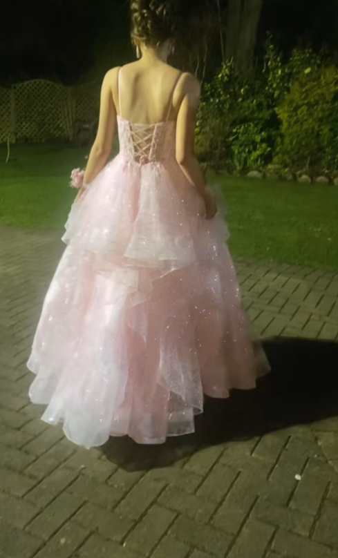 Robe de bal rose magnifique, robe de soirée longue en tulle à paillettes coupe trapèze ED11626