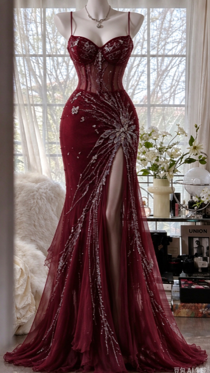 Robe de bal fourreau en mousseline perlée, robe de soirée longue, bordeaux magnifique ED11628