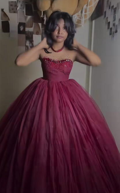 Gorgeous Burgundy Prom Dress A-Line Tulle Long Evening Dress ED11629