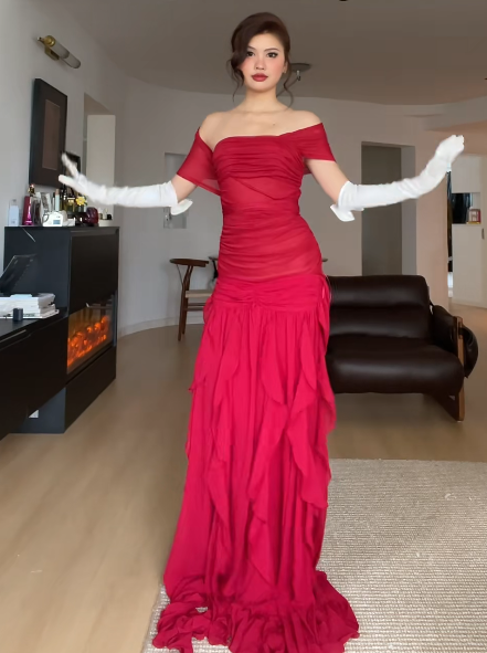 Magnifique robe de bal rouge, fourreau en mousseline, longue robe de soirée ED11639