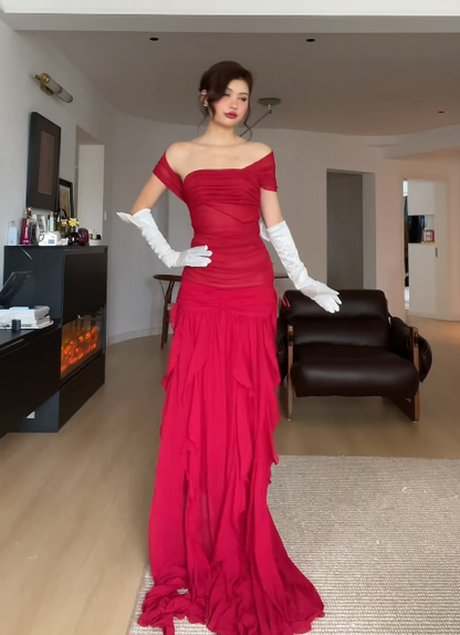 Magnifique robe de bal rouge, fourreau en mousseline, longue robe de soirée ED11639