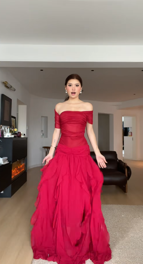 Magnifique robe de bal rouge, fourreau en mousseline, longue robe de soirée ED11639