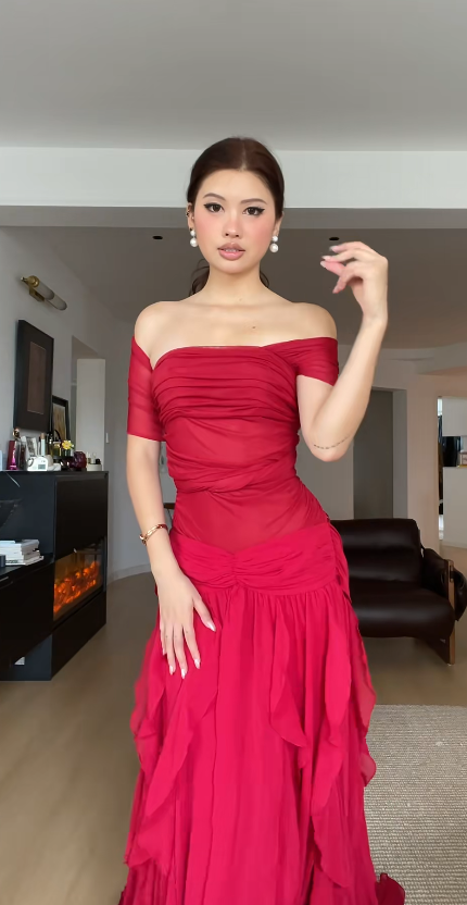 Magnifique robe de bal rouge, fourreau en mousseline, longue robe de soirée ED11639