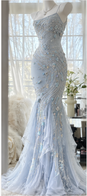 Gorgeous Blue Prom Dress Sheath Chiffon Beaded Long Evening Dress ED11641