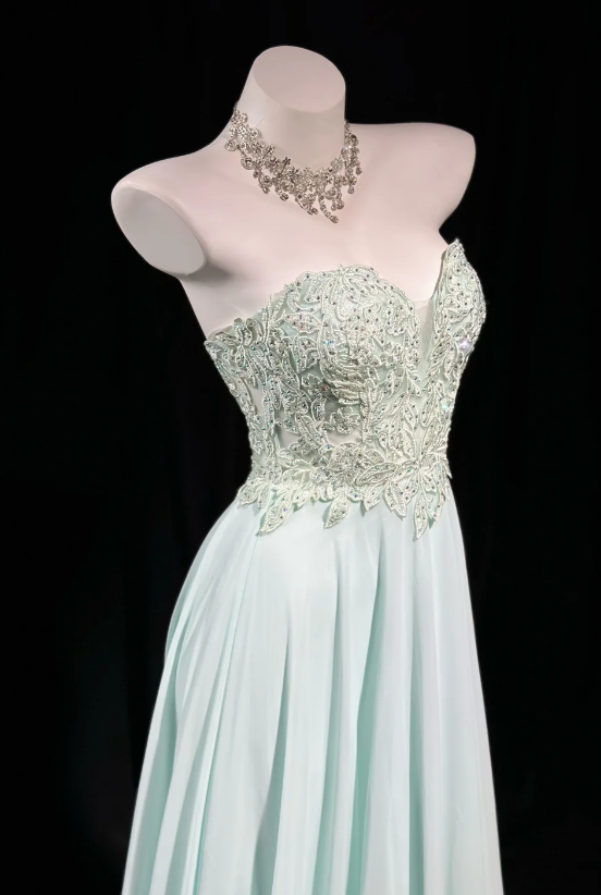 Robe de bal longue en mousseline vert menthe, coupe trapèze, modèle ED11642