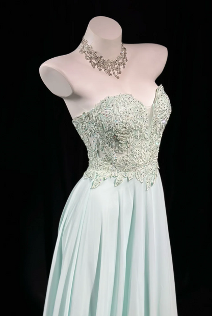 Robe de bal longue en mousseline vert menthe, coupe trapèze, modèle ED11642