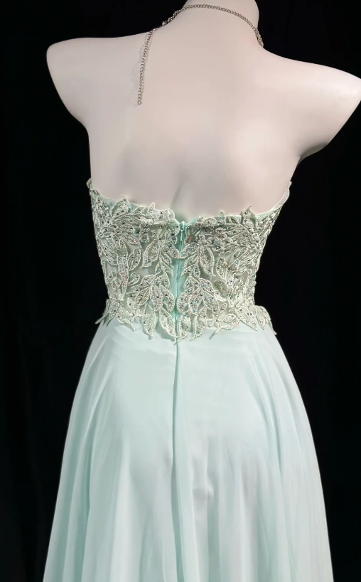 Robe de bal longue en mousseline vert menthe, coupe trapèze, modèle ED11642