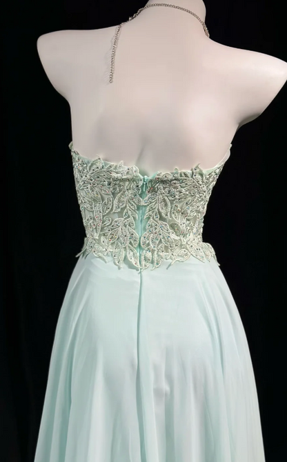 Robe de bal longue en mousseline vert menthe, coupe trapèze, modèle ED11642