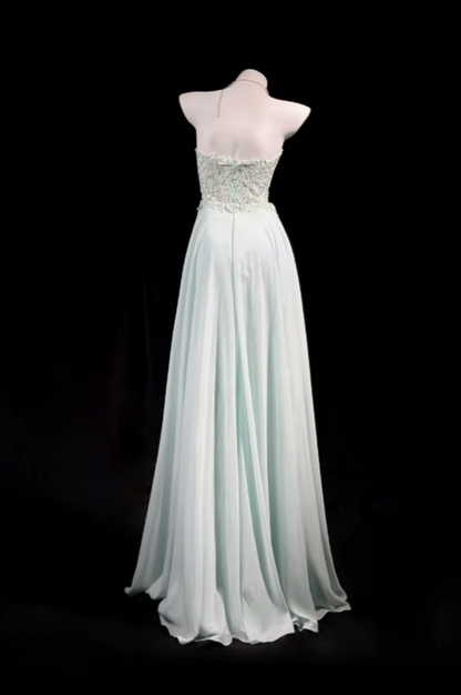Robe de bal longue en mousseline vert menthe, coupe trapèze, modèle ED11642