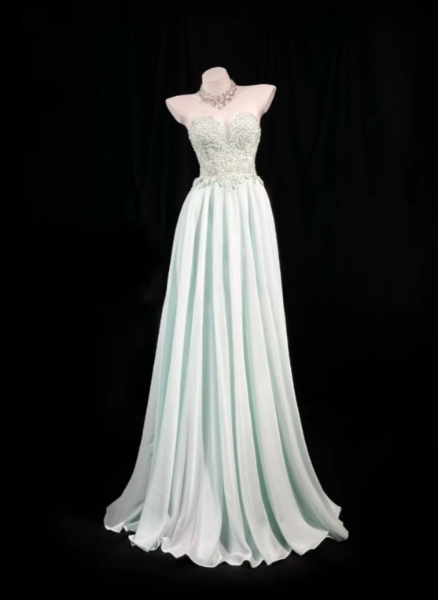 Robe de bal longue en mousseline vert menthe, coupe trapèze, modèle ED11642